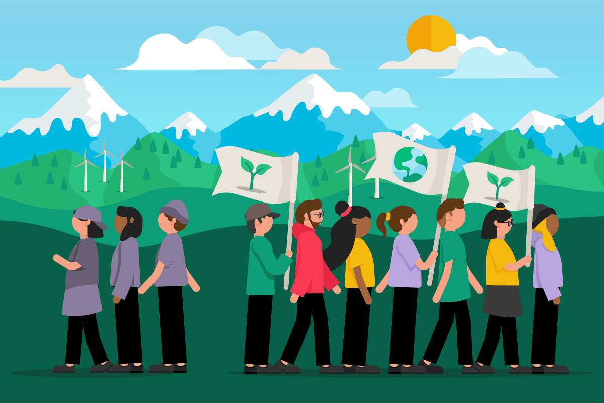 people walking holding flags with images of the earth and saplings